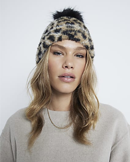 Beige Faux Fur Leopard Print Beanie