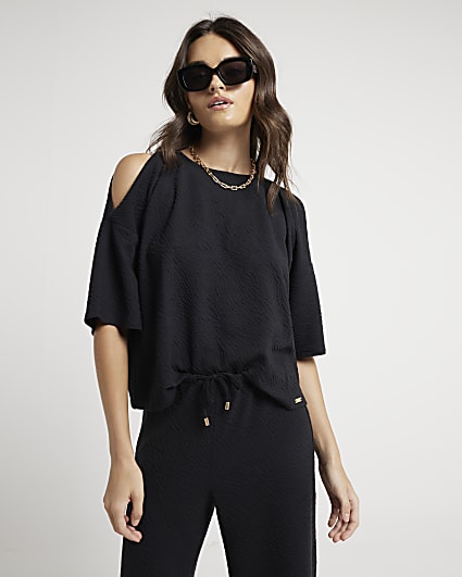 Black Textured Cold Shoulder T-Shirt