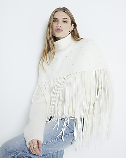 Cream Embellished Knitted Tassel Cape