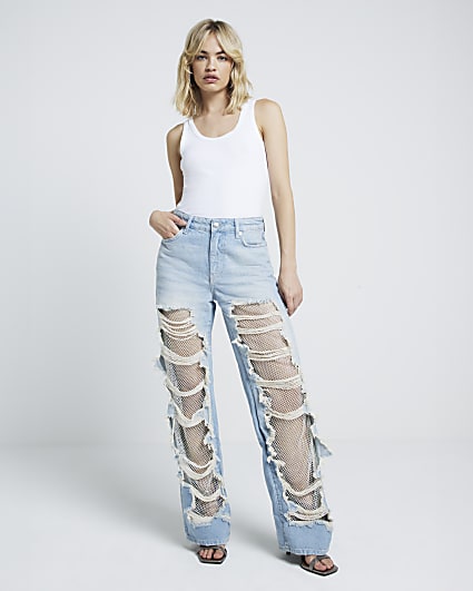 Blue relaxed straight mesh embellished jeans