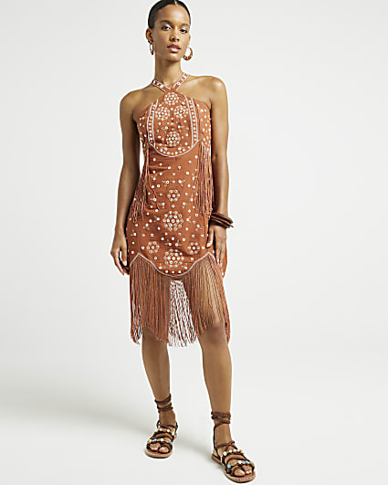 Rust embellished fringe slip mini dress