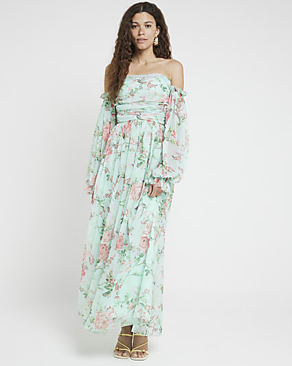 Green Floral Chiffon Bandeau Maxi Dress