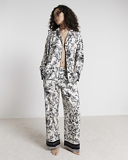 Black Satin Floral Toile Print Pyjama Set