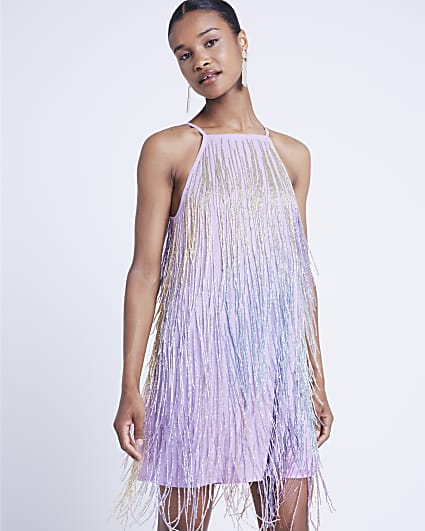 Purple bead fringe shift mini dress