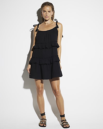 Black tie strap tiered beach mini dress