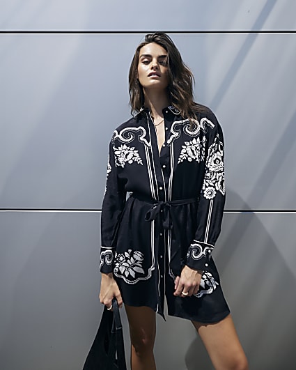 Black Western Border Mini Shirt Dress