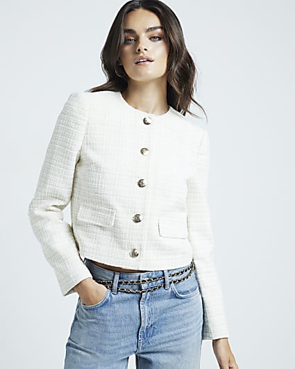 Cream boucle crop trophy jacket