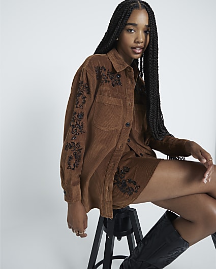 Brown Long Sleeved Embellished Corduroy Shirt