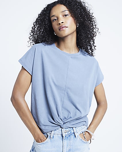 Blue washed twist front t-shirt