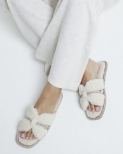 Cream Cut Out Strap Borg Open Toe Slippers