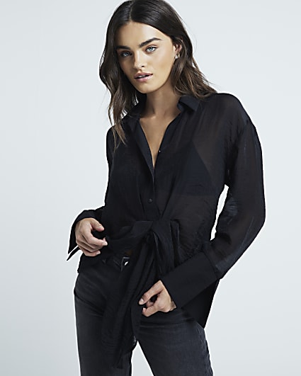 Black twist front button up shirt