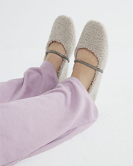 Grey Embellished Strap Borg Ballet Slippers