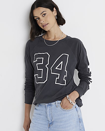 Grey Number Print Raglan Top