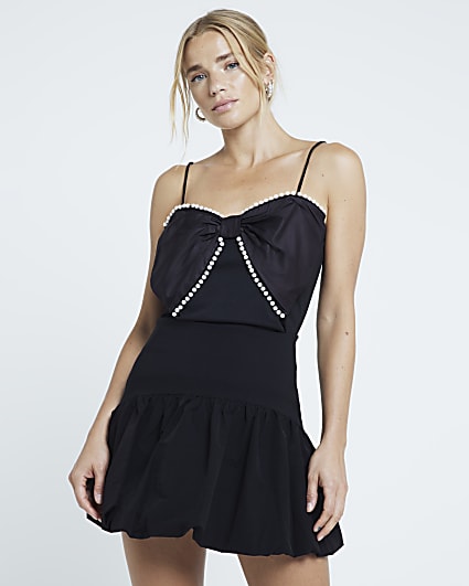 Black bow pearl trim cami top