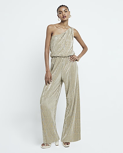 Gold plisse metallic one shoulder jumpsuit