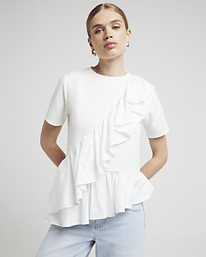 White frill asymmetric t-shirt