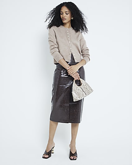 Brown Croc Faux Leather Midi Skirt