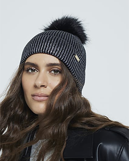 Black Metallic Pom Pom Beanie Hat