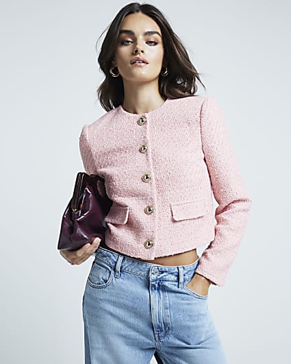 Pink Boucle Crop Collarless Jacket