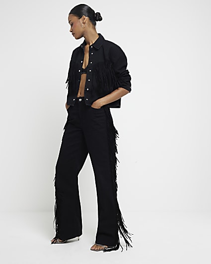 Black Relaxed Straight Leg Tassel Jeans