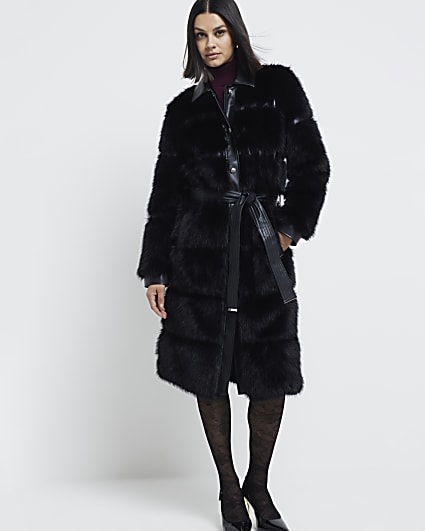 Black Faux Fur Collared Button Down Coat