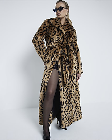 Brown Faux Fur Leopard Maxi Coat