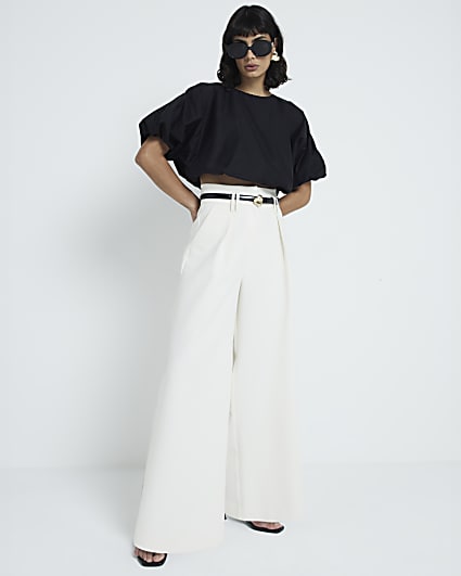 Cream premium High Waisted Wide Leg Trousers