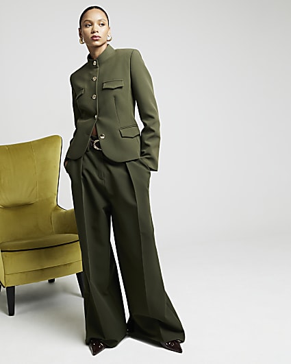 Khaki Premium High Waisted Wide Leg Trousers