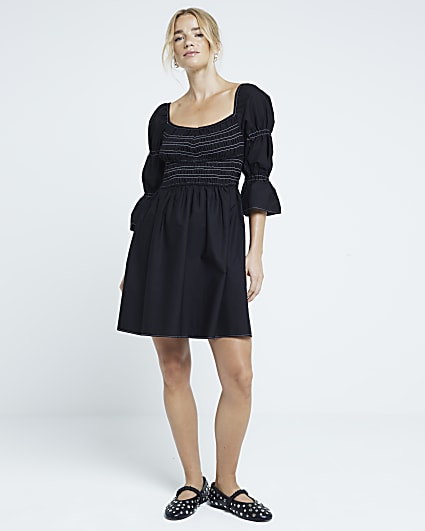 Black shirred smock mini dress