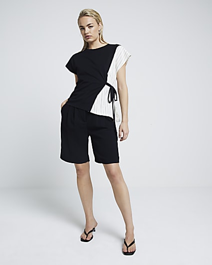 Black colour block belted top