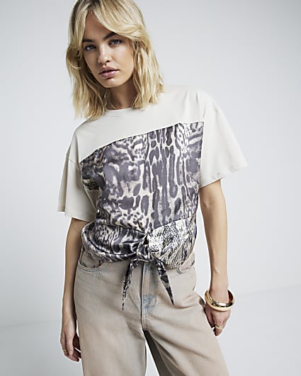 Cream leopard print tie front t-shirt