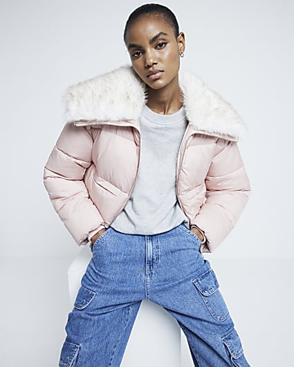 Pink Padded Faux Fur Trim Bomber Jacket