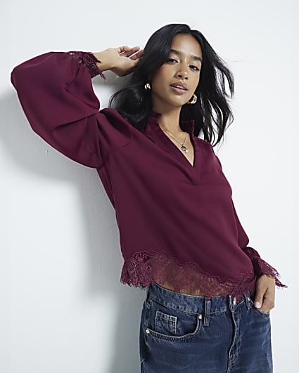 Petite red dark lace blouse