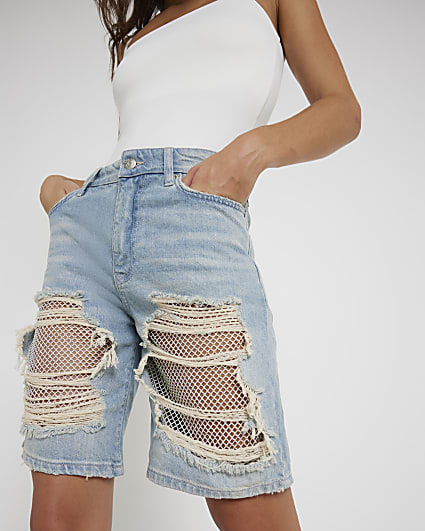 Blue ripped relaxed straight denim shorts