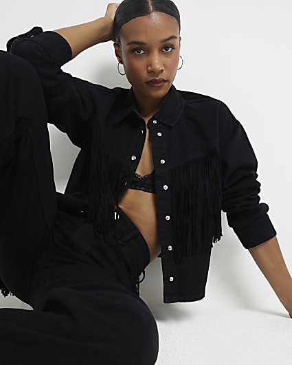 Black Tassel Western Denim Shirt