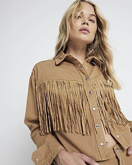 Beige denim tassel western shirt