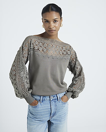 Khaki Hybrid Lace Knit Jumper