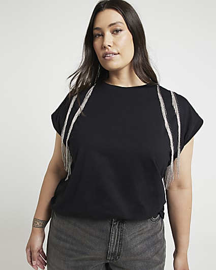 Plus Black Chain Fringe T-shirt