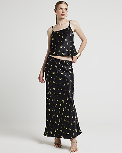 Black satin floral maxi skirt