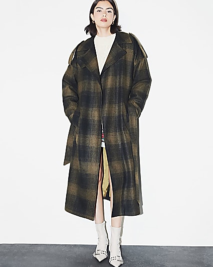 Green dark checked belted coat