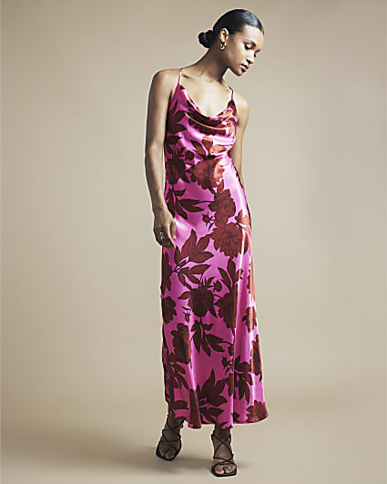 Pink satin floral cross back slip midi dress