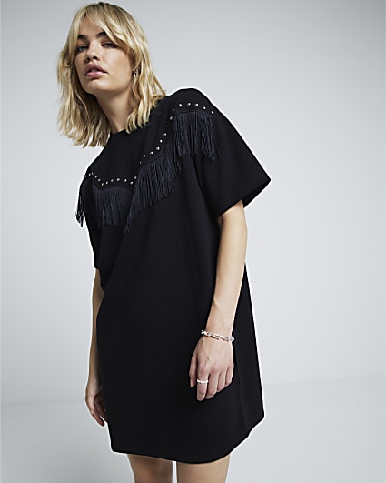 Black western fringe t-shirt mini dress