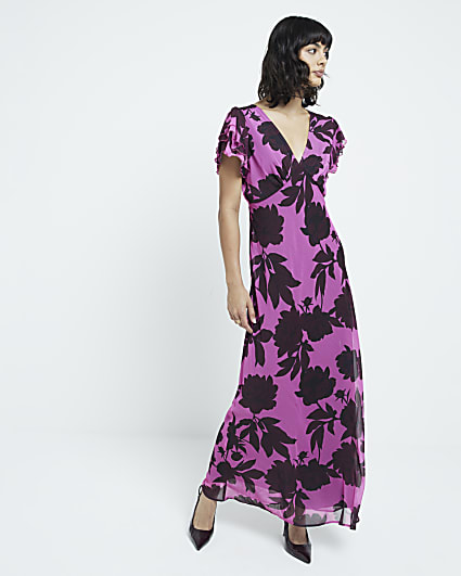 Pink Floral Frill Maxi Dress