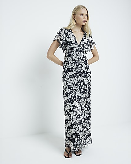 Black Floral Frill Maxi Dress