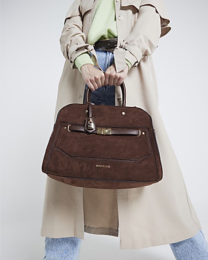 Brown suedette lock detail tote bag