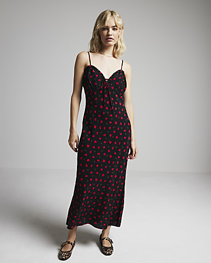 Red floral frill trim slip midi dress