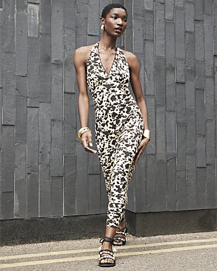 Brown leopard halter neck slip maxi dress