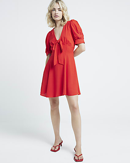 Red jacquard front knot swing mini dress