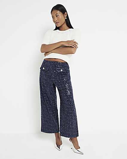 Petite Denim Sequin Wide Leg Crop Jeans