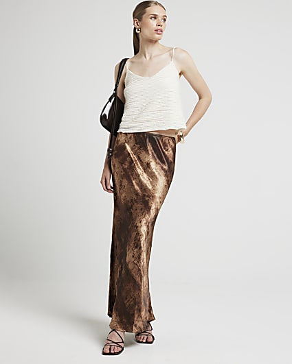 Brown Satin Abstract Maxi Skirt